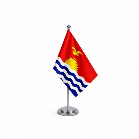 Drapeau bureau des Kiribati modèle Argent avec mât et socle en acier inoxydable