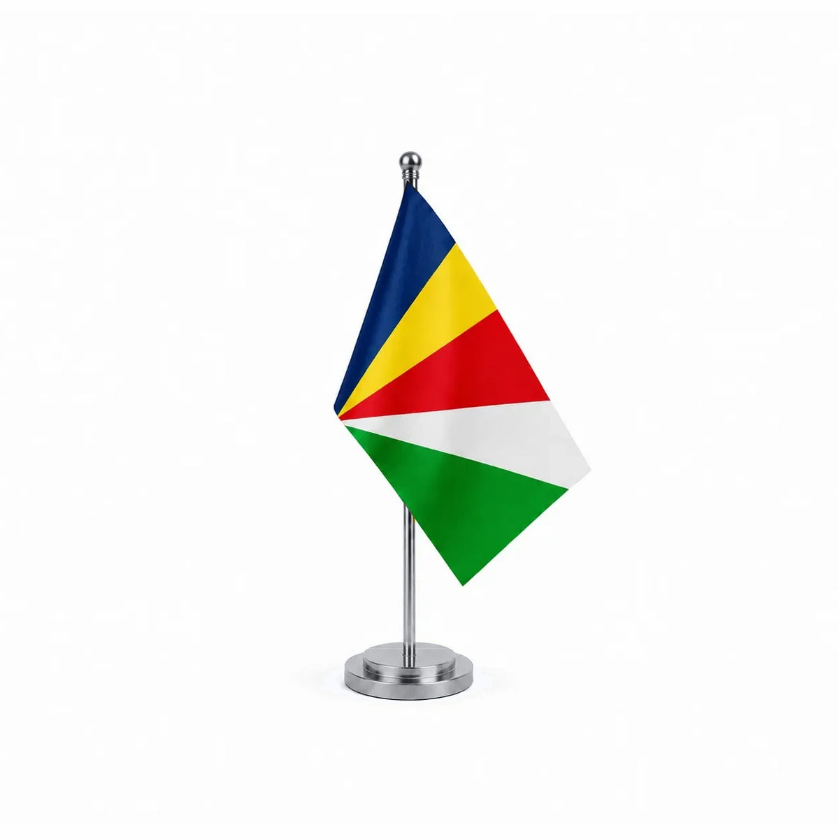 Drapeau bureau des Seychelles modèle Argent avec mât et socle en acier inoxydable
