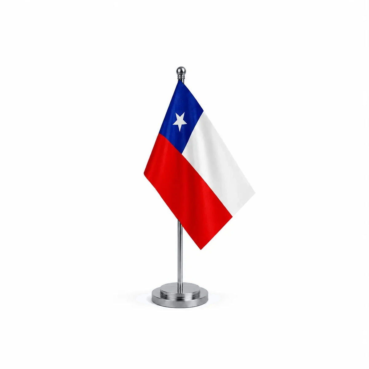 Drapeau bureau du Chili modèle Argent avec mât et socle en acier inoxydable