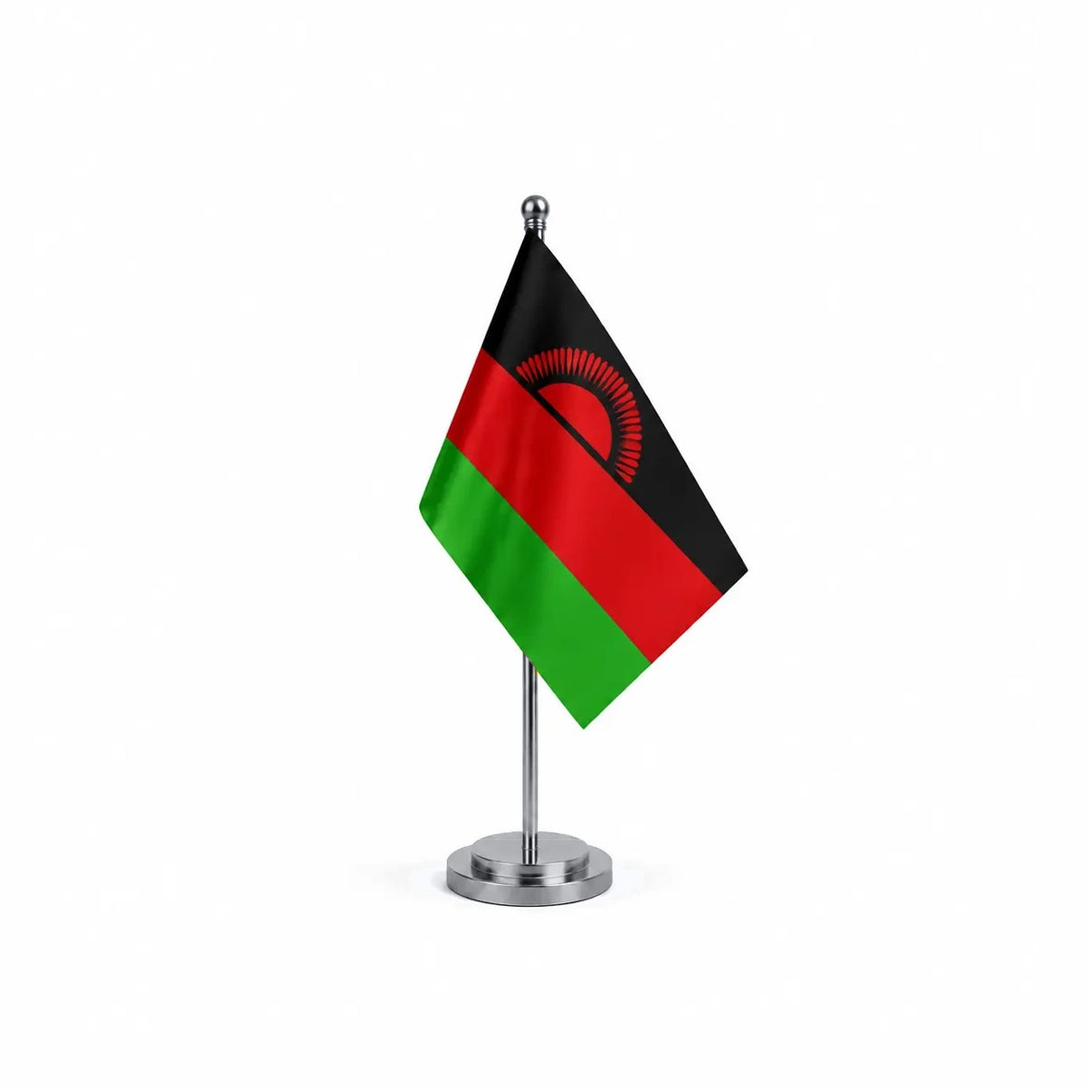 Drapeau bureau du Malawi modèle Argent avec mât et socle en acier inoxydable