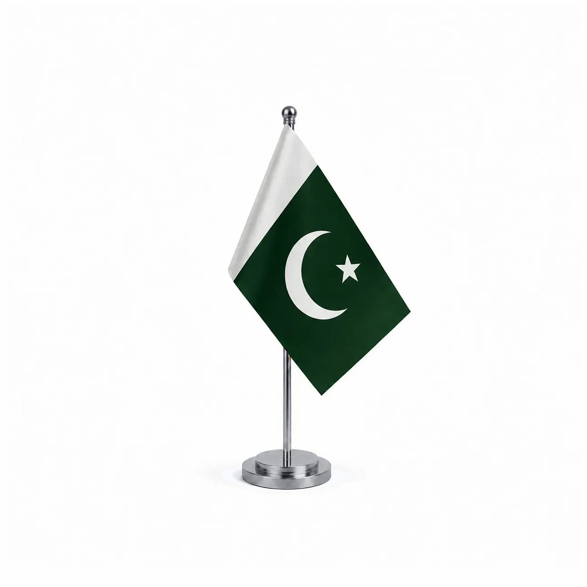 Drapeau bureau du Pakistan modèle Argent avec mât et socle en acier inoxydable