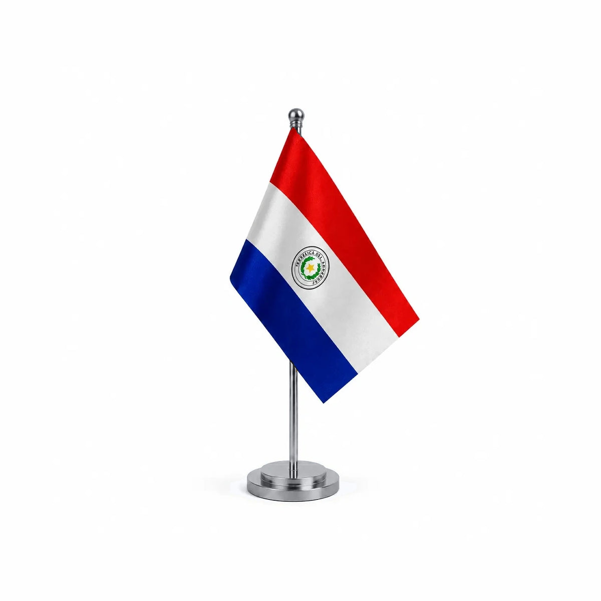 Drapeau bureau du Paraguay modèle Argent avec mât et socle en acier inoxydable