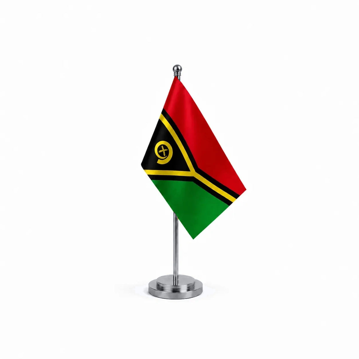 Drapeau bureau du Vanuatu modèle Argent avec mât et socle en acier inoxydable