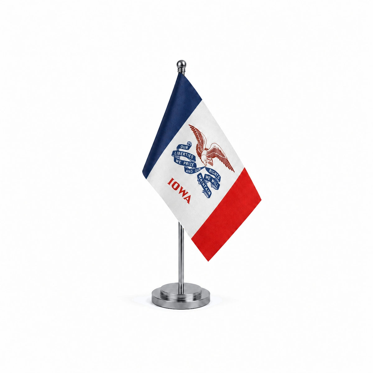 Drapeau Bureau de l'Iowa modèle Argent avec mât et socle en acier inoxydable