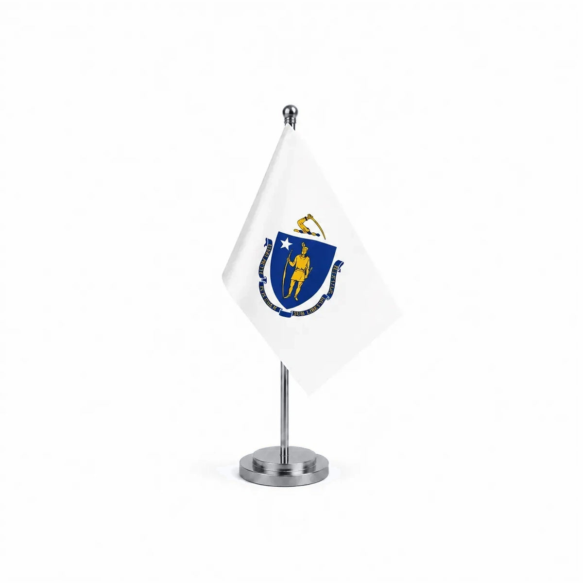 Drapeau Bureau du Massachusetts modèle Argent avec mât et socle en acier inoxydable