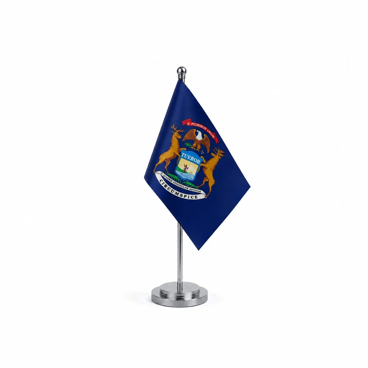 Drapeau Bureau du Michigan modèle Argent avec mât et socle en acier inoxydable