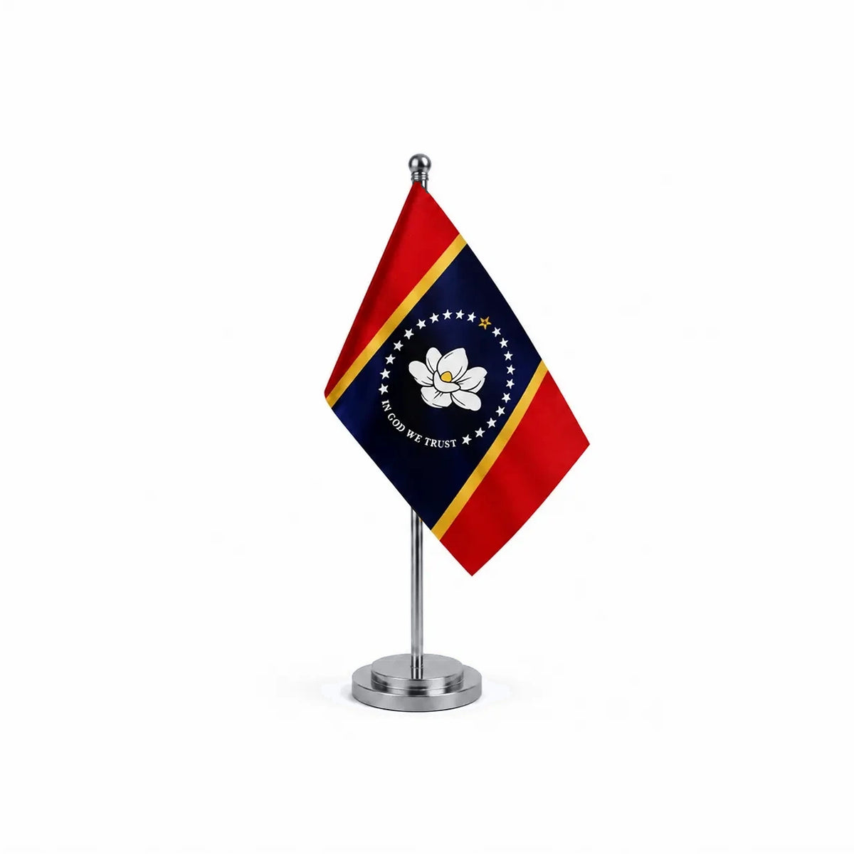 Drapeau Bureau du Mississippi modèle Argent avec mât et socle en acier inoxydable