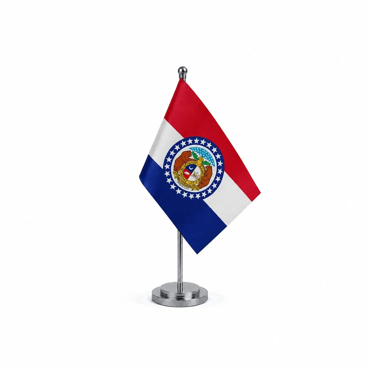 Drapeau Bureau du Missouri modèle Argent avec mât et socle en acier inoxydable