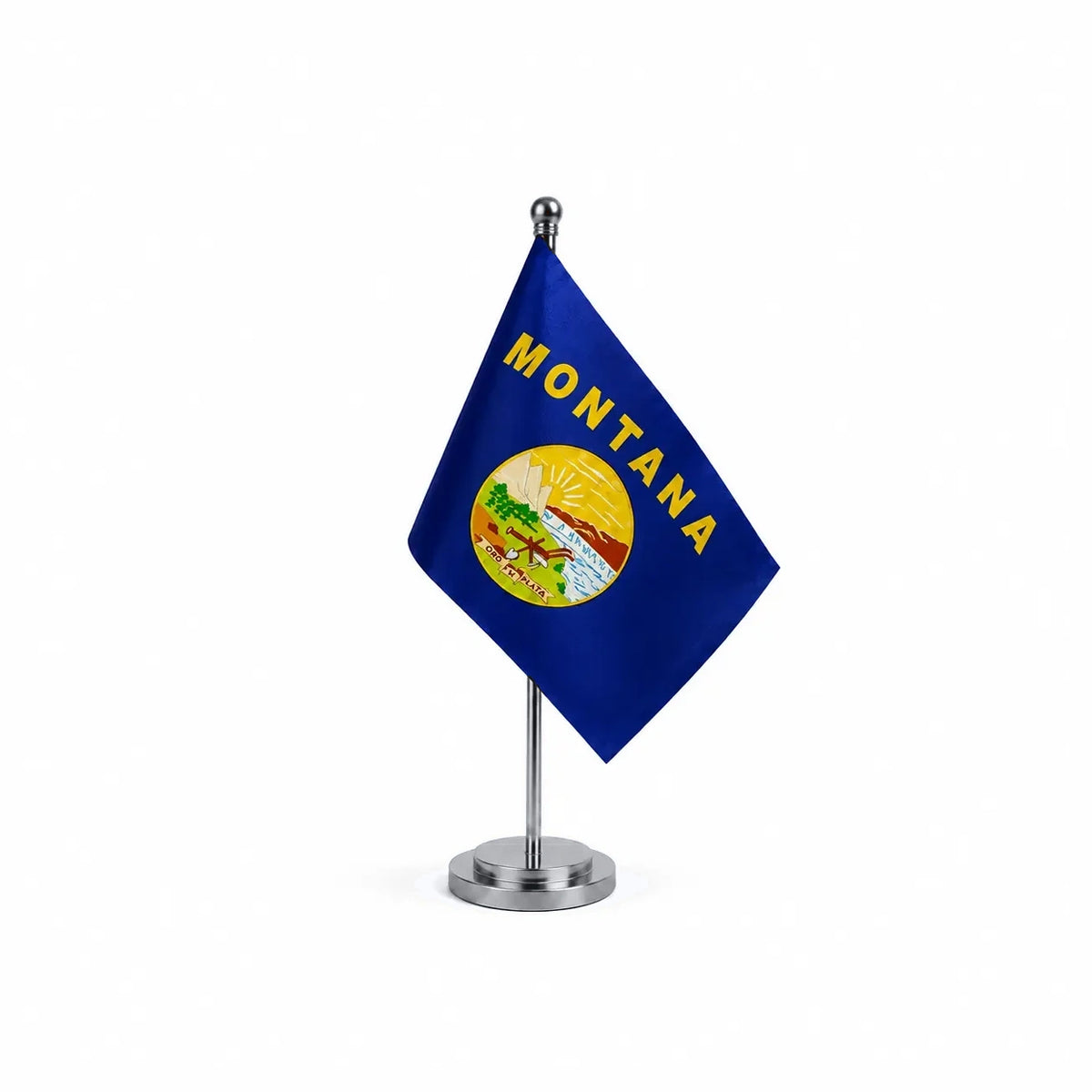 Drapeau Bureau du Montana modèle Argent avec mât et socle en acier inoxydable