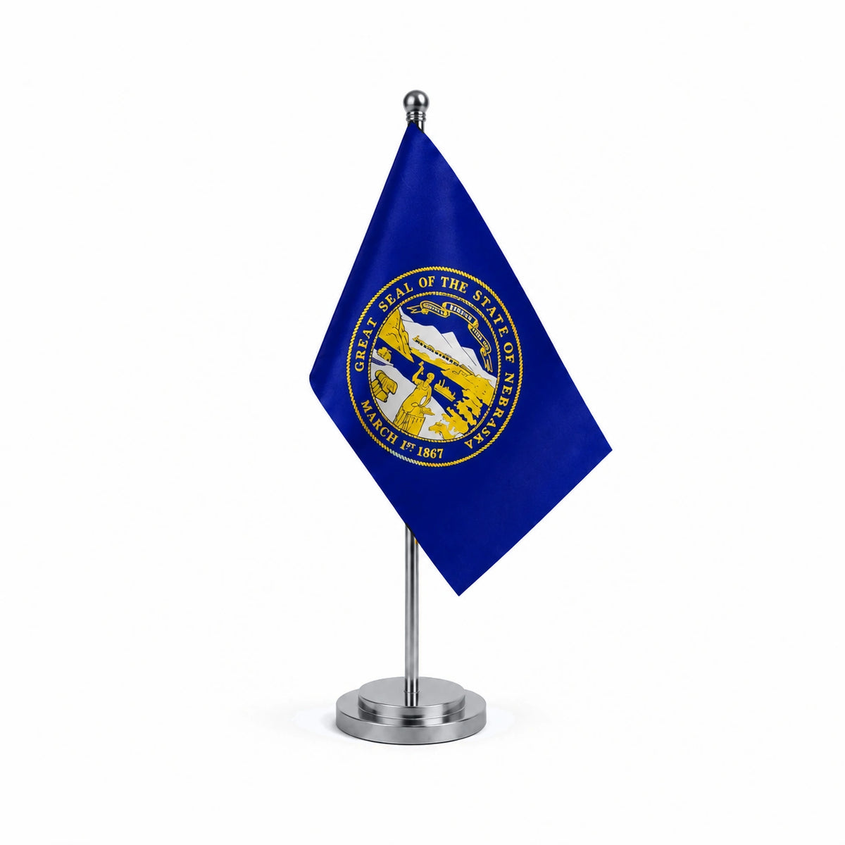 Drapeau Bureau du Nebraska modèle Argent avec mât et socle en acier inoxydable