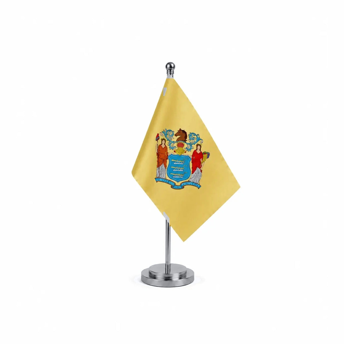 Drapeau Bureau du New Jersey modèle Argent avec mât et socle en acier inoxydable