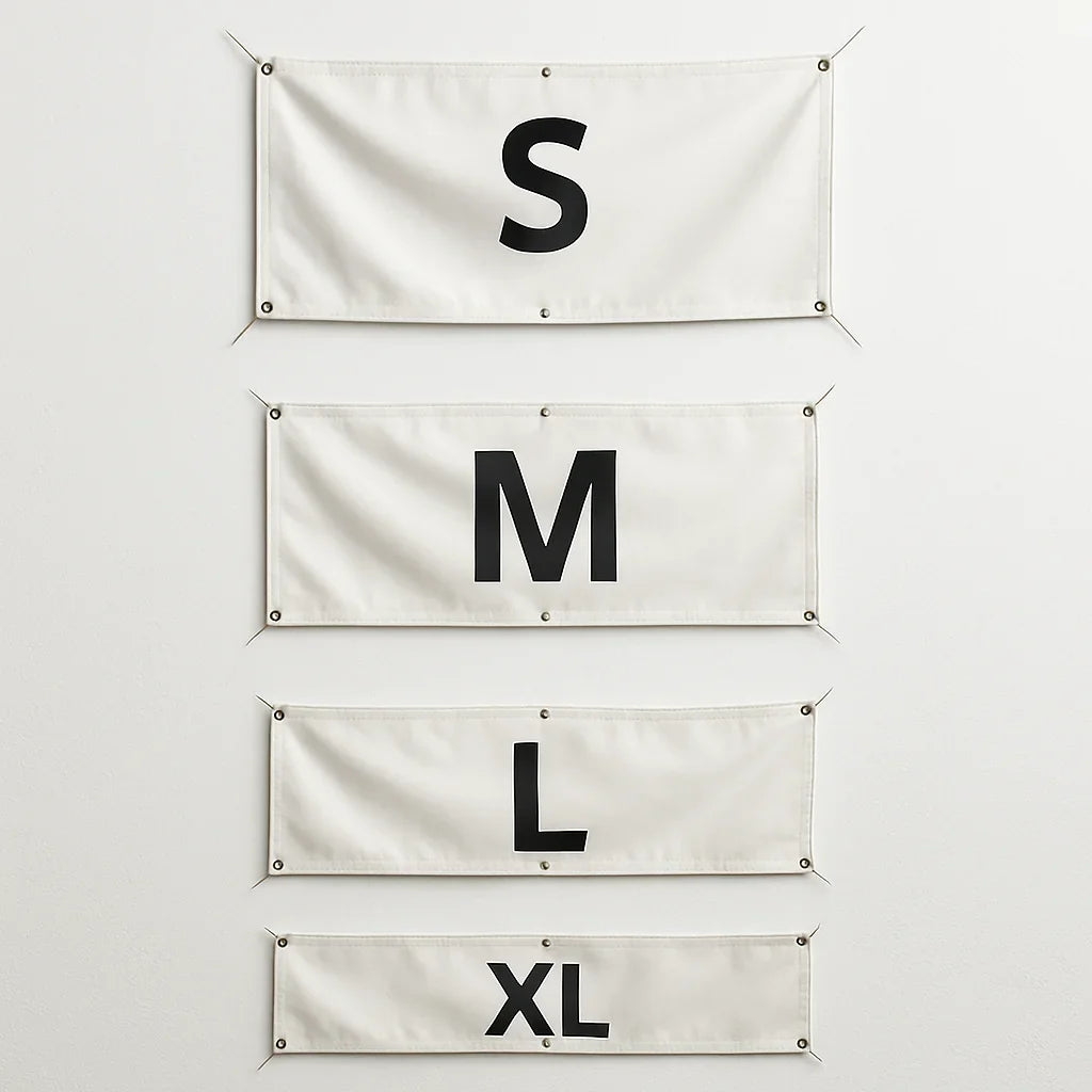 Guide visuel des tailles de drapeaux S, M, L et XL