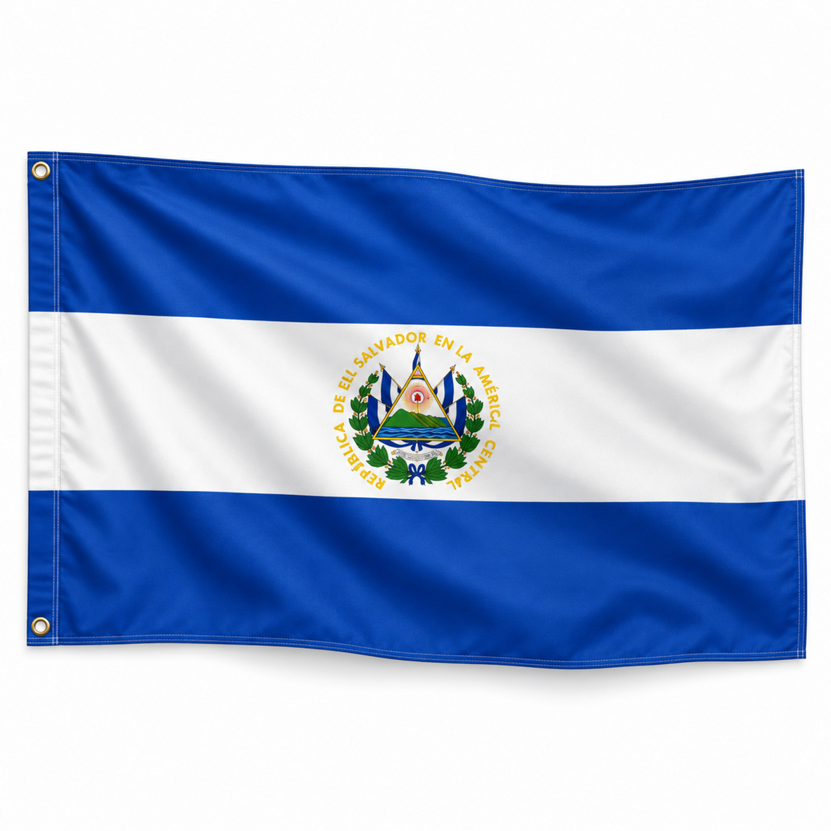 Drapeau du Salvador – photo produit réaliste IA, polyester avec bande blanche et œillets